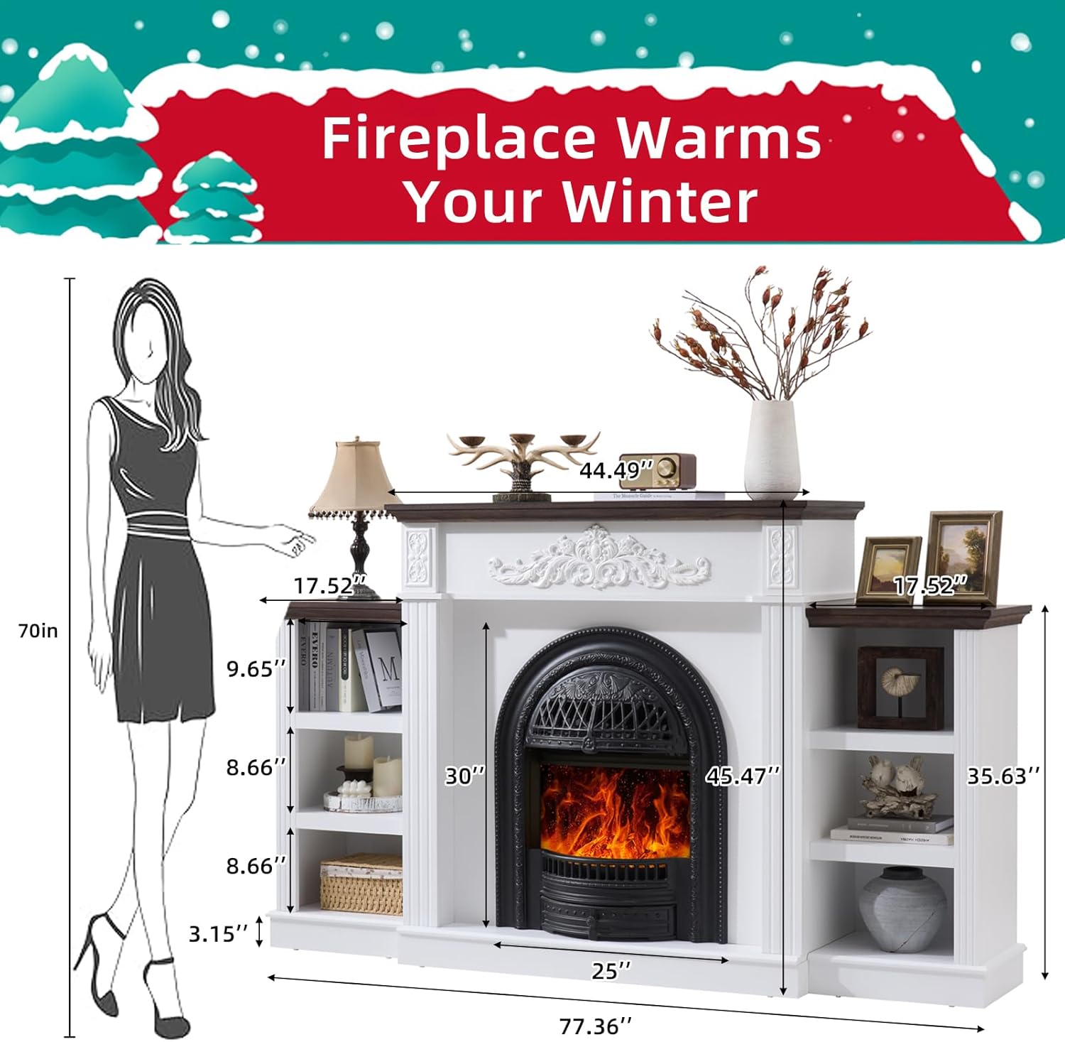 78" Electric Fireplace with Mantel,Farmhouse Electric Fireplace TV Stand with 30" Electric Fireplaces Heater,Entertainment Center with Storage,3D Realistic Flame, Wooden Carved Decorative Mantel