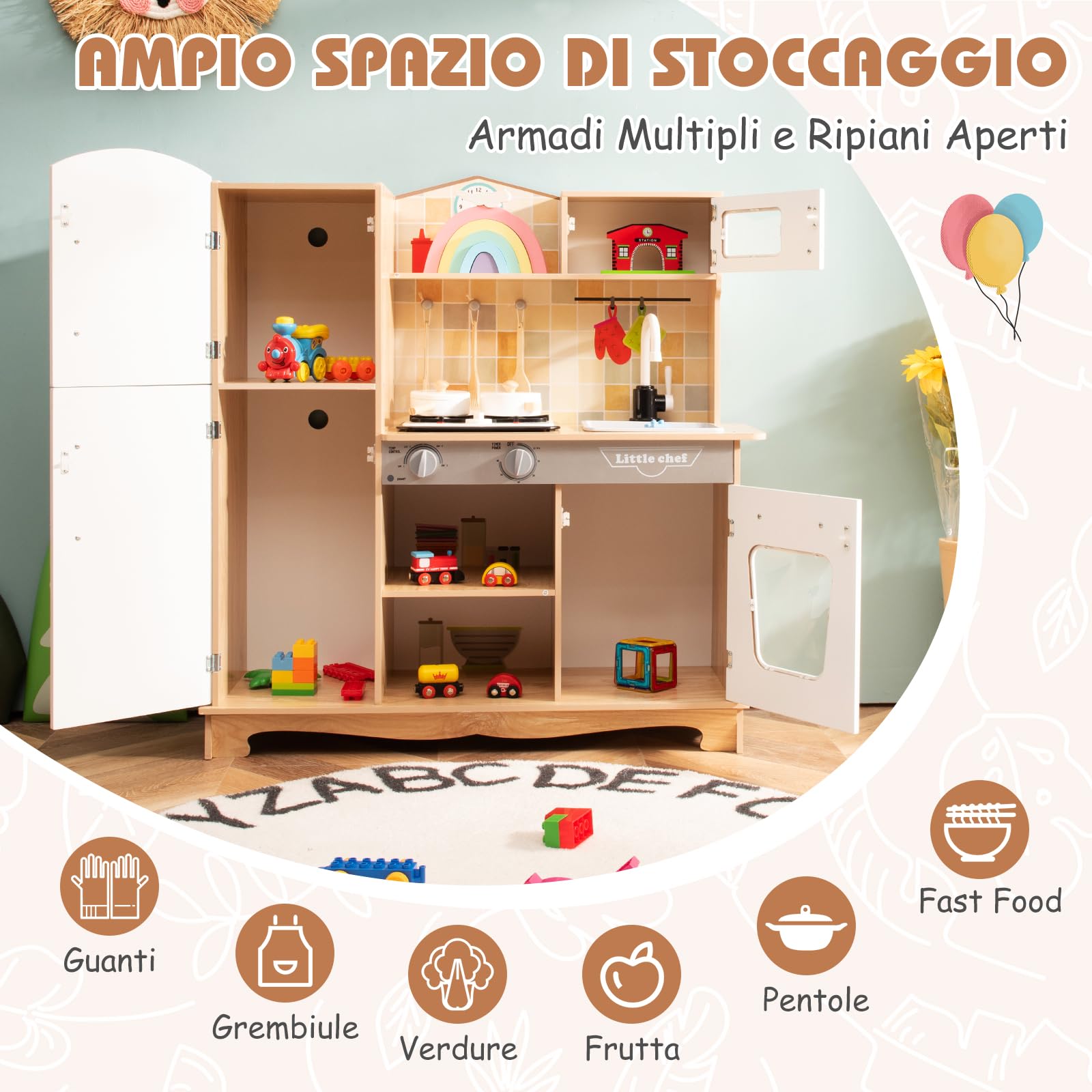 RELAX4LIFE Cucina Giocattolo in Legno per Bambini, Mini Cucina con Utensili da Cucina, Suoni e Luci Realistici, Giocattolo Educativo per Bambini 3+ Anni