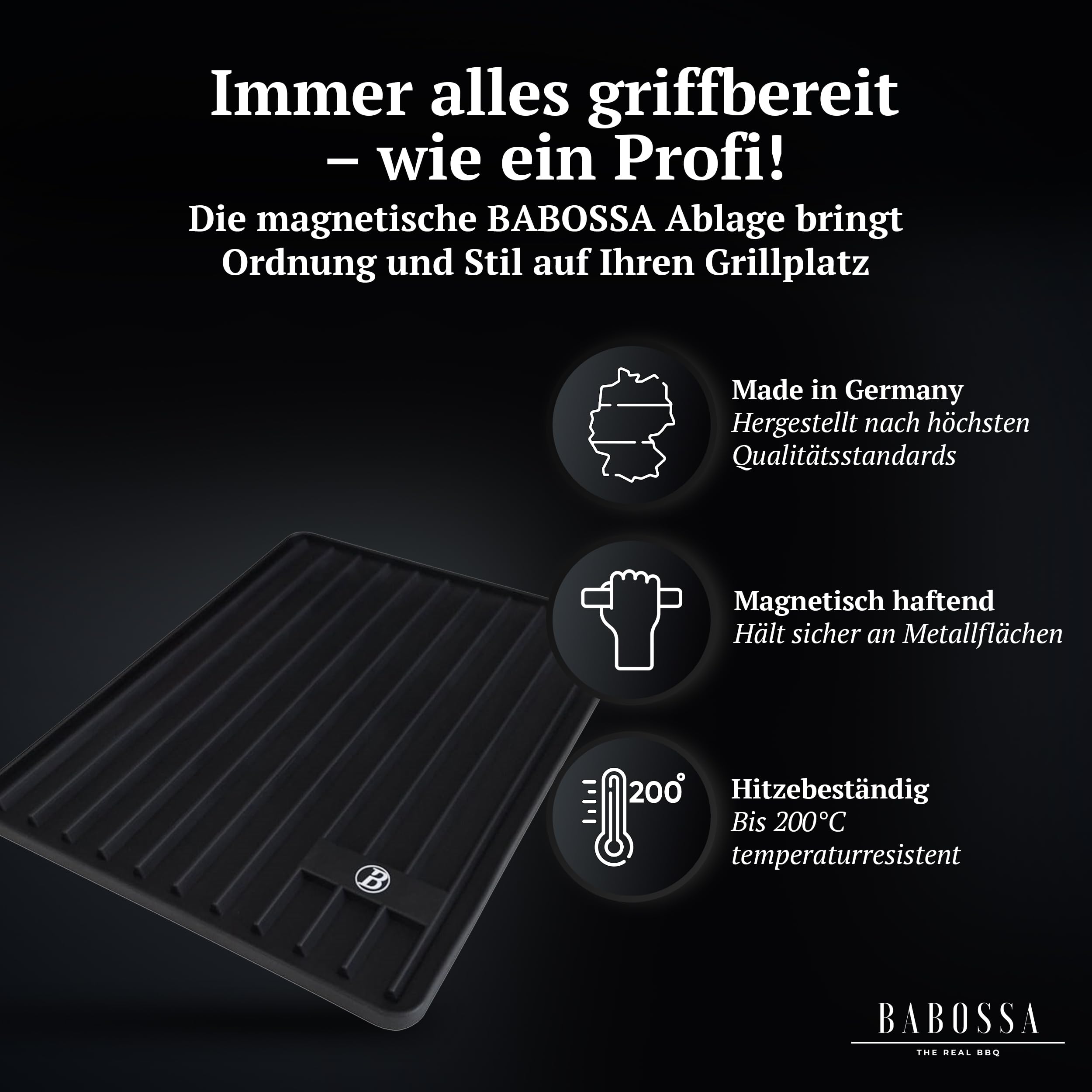 BABOSSA Magnetische Besteckablage – Silikon Grill Matte 44 x 34 cm – Rutsch- und spühlmaschinenfest - Zubehör für BBQ und Grill – Hitzebständig und vielseitig einsetzbar