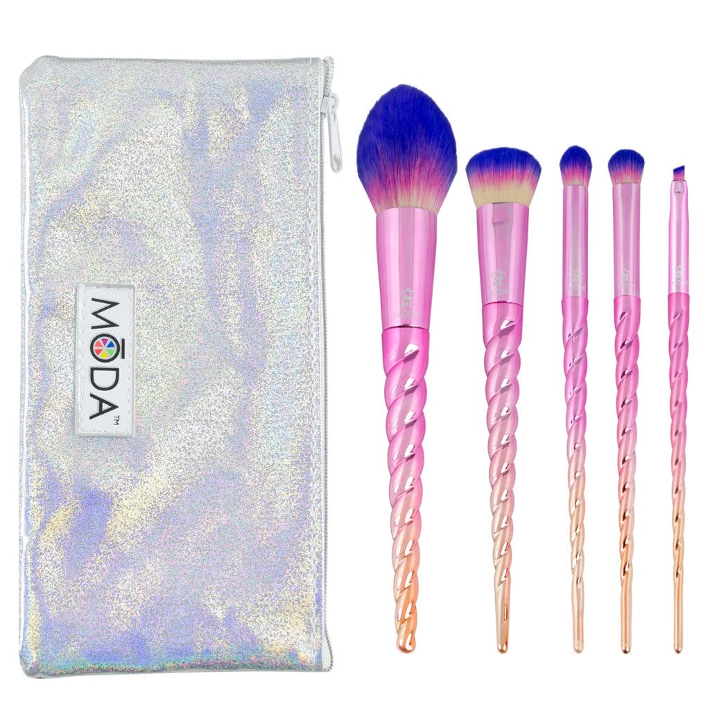 MODARoyal & Langnickel Travel Size Unicorn Complete Face 6pc Makeup Brush Set with Pouch, Includes - Blush, Complexion, Domed Shadow, Crease, and Angle Eyeliner Brushes, Mythical Ombre
