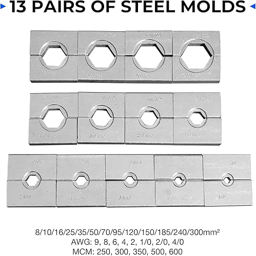 Miniatura 5 de Herramienta de mano de prensado hidráulico de 16 toneladas, 9 AWG a 600 MCM Alambre hidráulico Juego de herramientas de prensado de terminales de