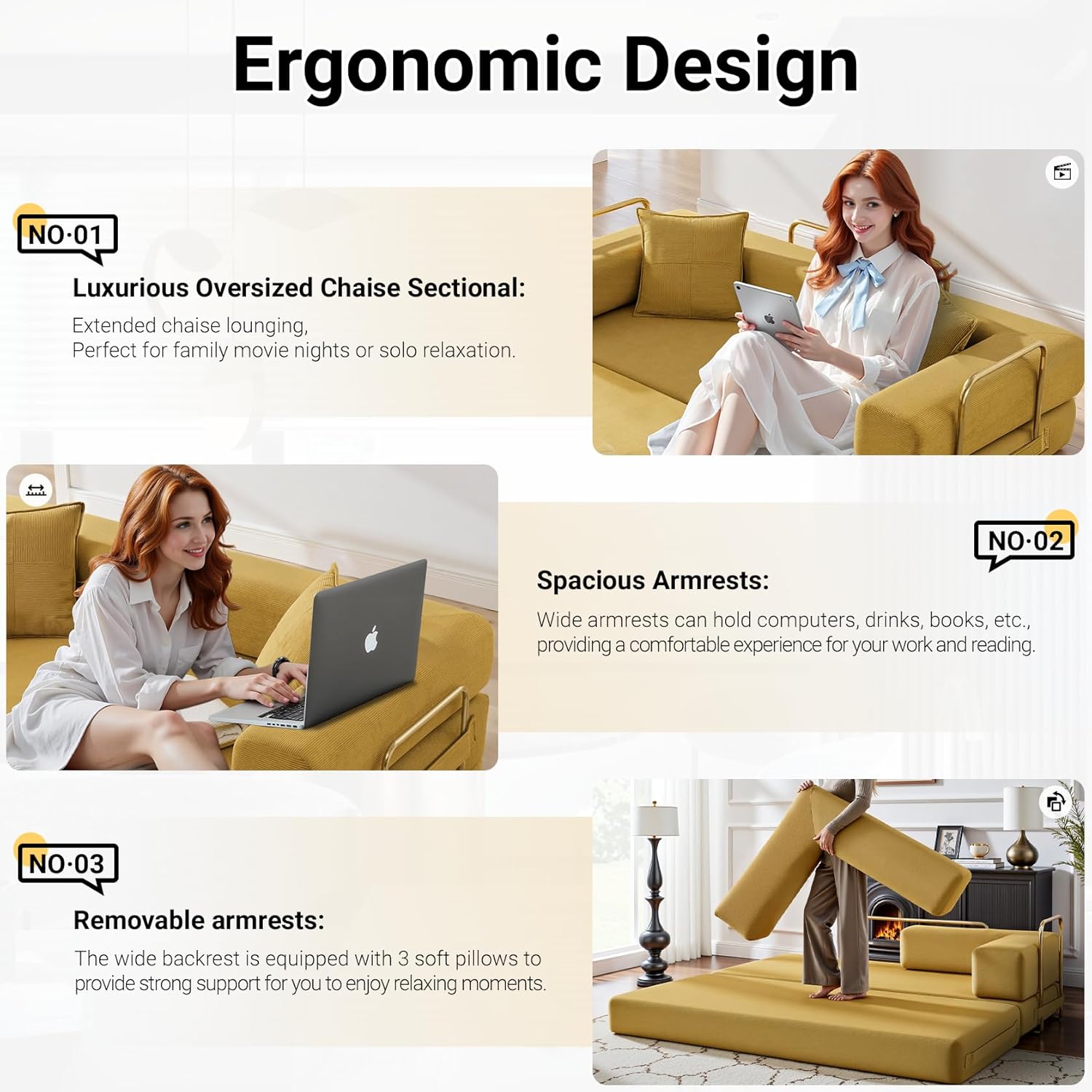Convertible Sleeper Sofa Bed, Boneless Couch with Fixed-Shape Frame, 78" Corduroy Fold Out Floor Sofa Couch, Modern Foldable Mattress Couches for Living Room,Yellow