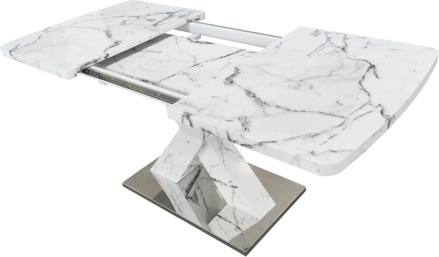 Leavader Modern Square Dining Table - 63" Expandable Table with Marble White Top & X-Shaped Leg, Rectangular for Home, Kitchen, Office