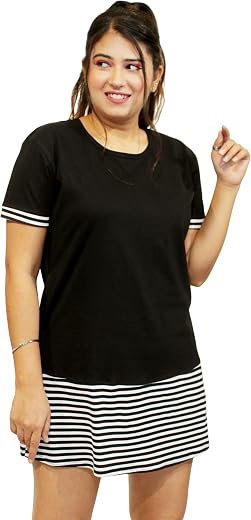 Pinkshell Women’s/Ladies/Girls Long Stripe Panel Polo T-Shirt, Round Neck Regular Fit/Side Pocket/Side Slit/Half Sleeves