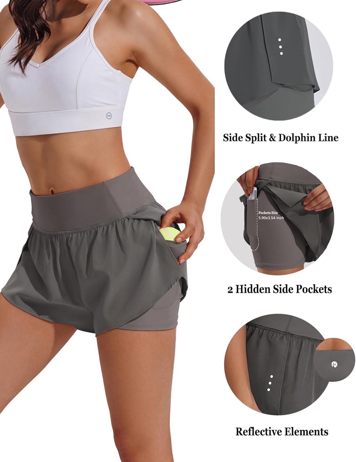 PINSPARK 2 in 1 Athletic Shorts for Women Biker Underneath Running Shorts High Waisted Gym Workout Short with Side Pockets - Image 5