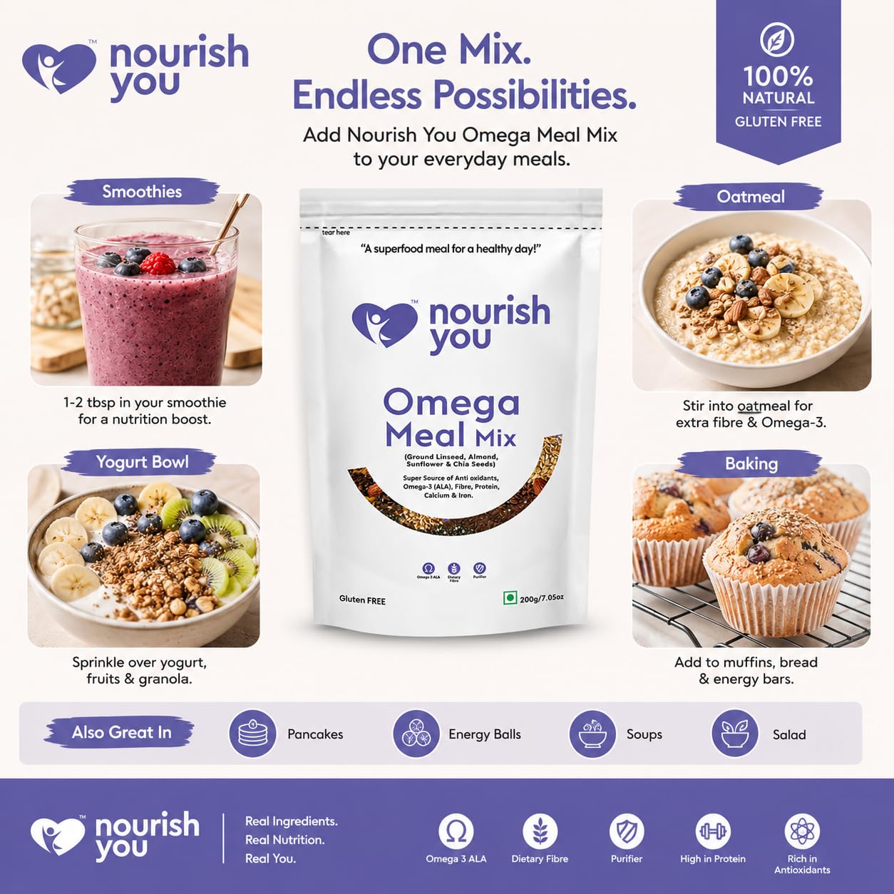 Nourish You Omega Meal Mix 200g | Omega 3 Rich Superfood Seed Mix with Ground Flaxseed, Chia Seeds, Almonds & Sunflower Seeds | High Fibre Plant Protein | Gluten Free Healthy Meal Booster | pack of 5 — Amazon image 5