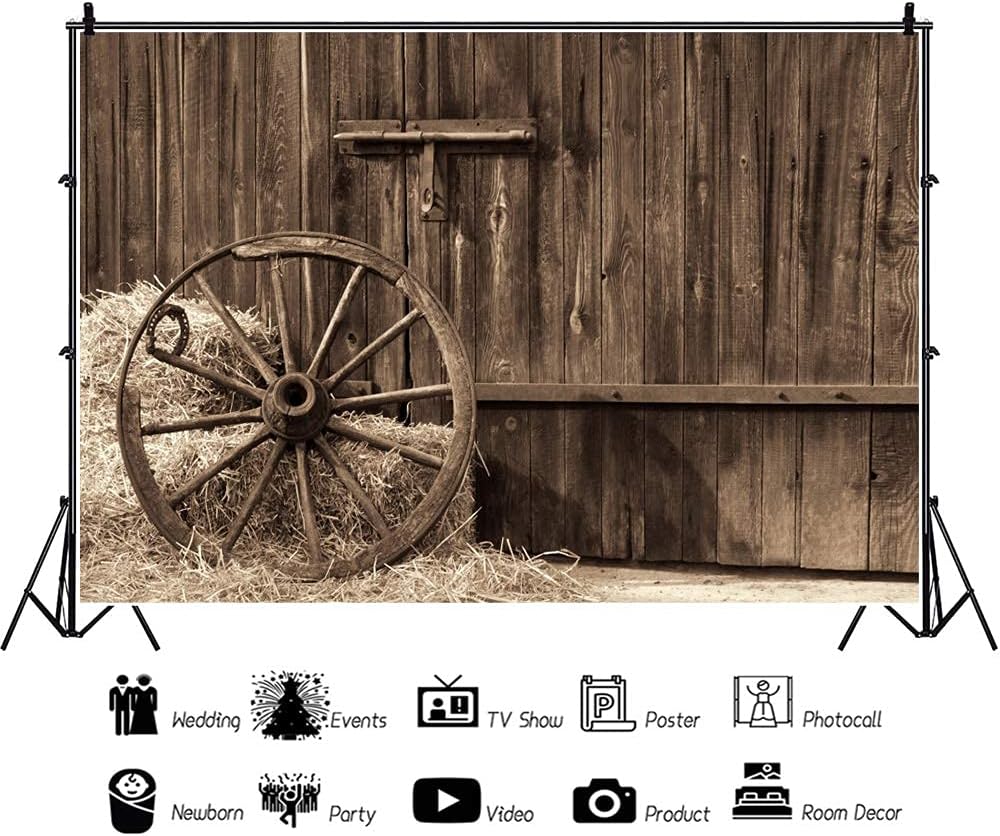 Black Friday Sale 2022 Laeacco 12x8ft Western Barn Vintage Backdrop Old Wheel Wooden Photography Background Straw Stack Rustic Countryside Wood Door Background Cowboy Child Boy Party Event Portrait Backdrop