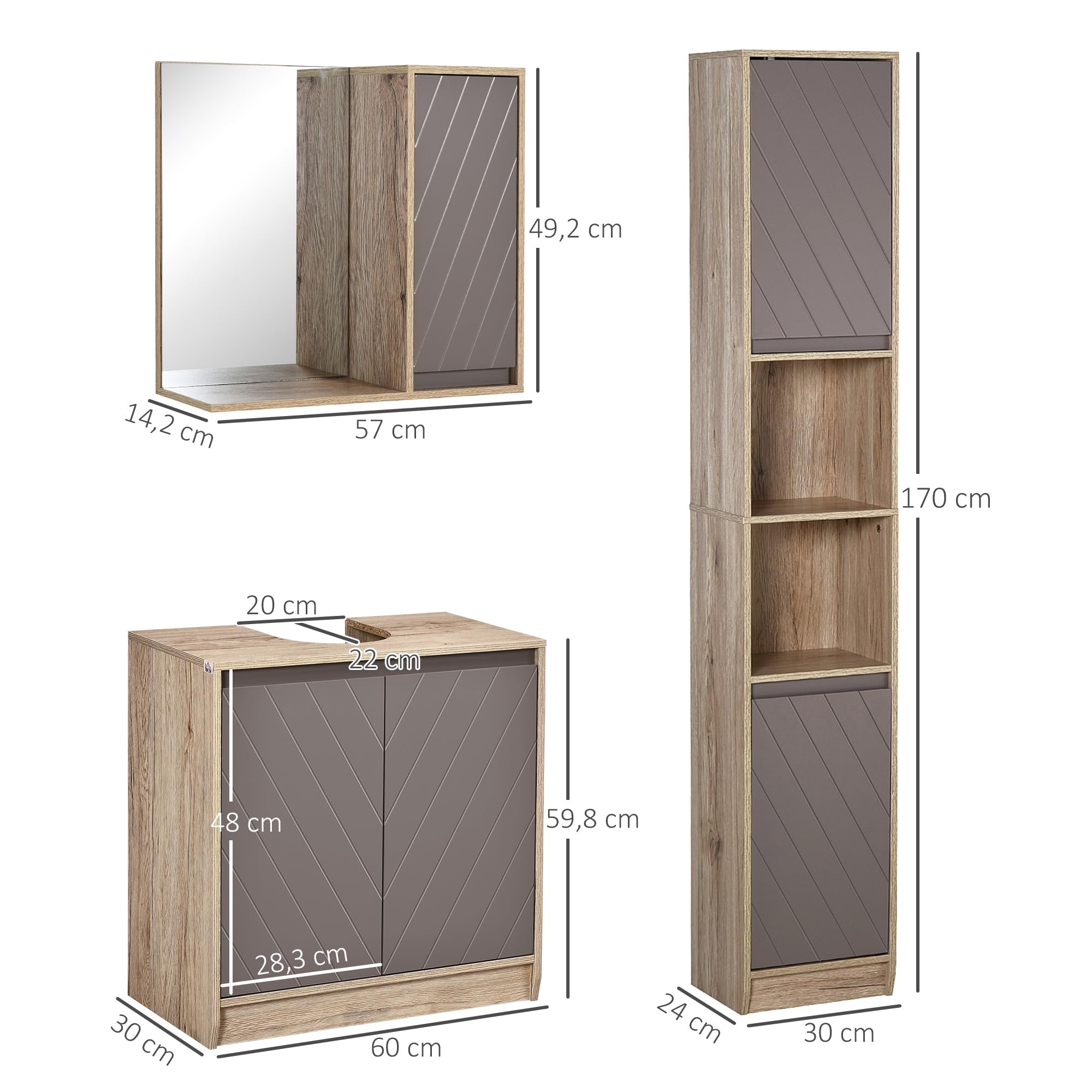 HOMCOM Ensemble de Meuble sous lavabo, Armoire avec Miroir et Meuble Colonne pour Salle de Bain en Bois chêne Clair Gris