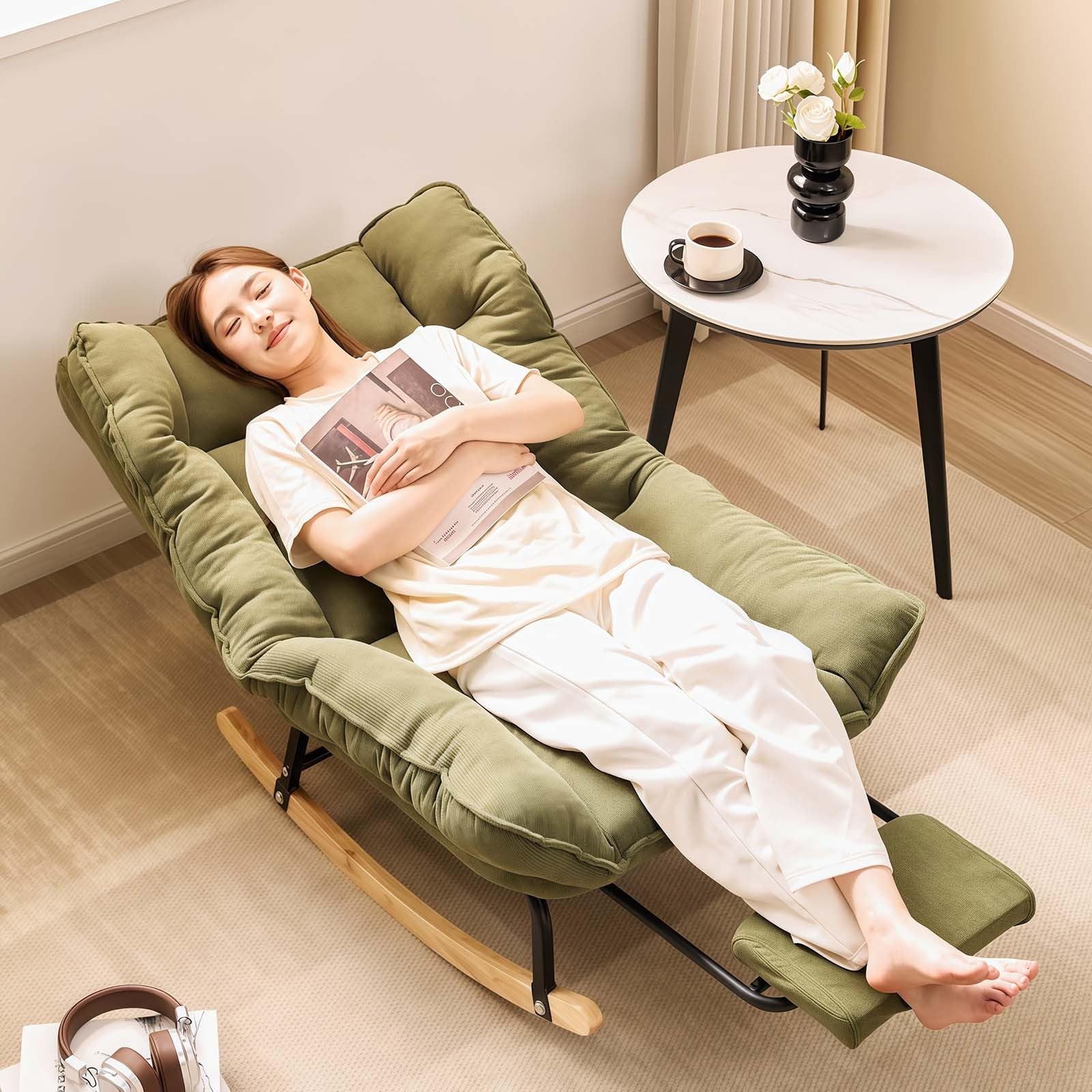 Sedia a dondolo con poggiapiedi e poggiatesta, comoda sedia a dondolo traspirante per camera da letto, schienale regolabile rimovibile, sedia da giardino per esterni, sedie a gravità zero con