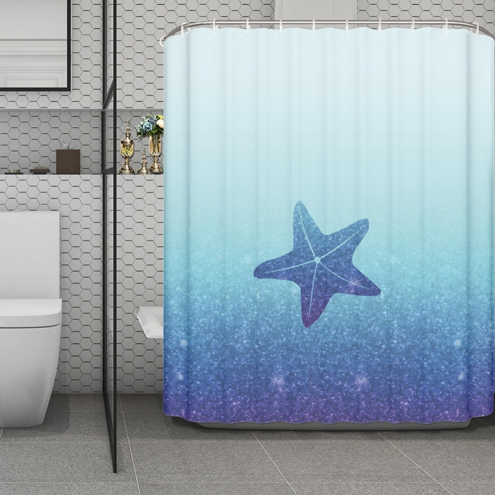 Rideau douche décoration hôtel pour salle de bain bleue profonde