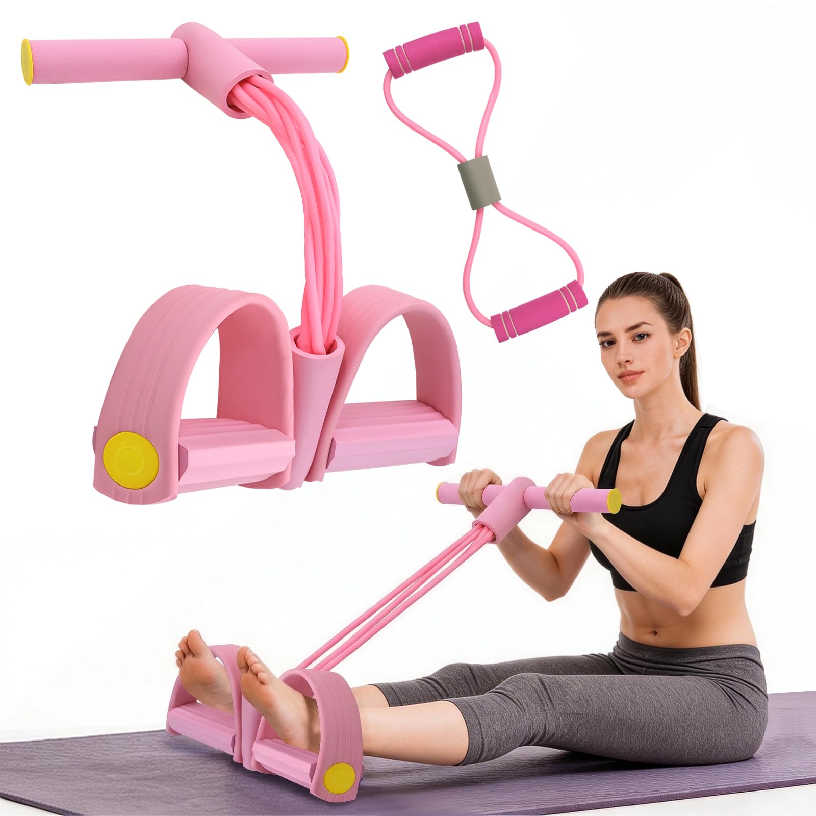 Foot Pedal Resistance Band with Handle, 6 Tube Multifunction Tension Rope and Figure 8 Resistance Band for Abdomen Arm Leg Full Body Training Home Gym Equipment (Pink)