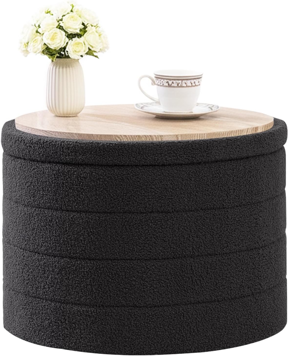 Round Ottoman with Storage, Boucle Ottoman Coffee Table, Foot Rest Footstool for Hallway, Living Room, Bedroom-Dark Grey