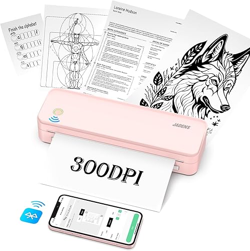 JADENS Impresoras portátiles inalámbricas para viajes, 300DPI compatibles con papel térmico de 8.5"×11", impresora sin tinta para laptop, compatible