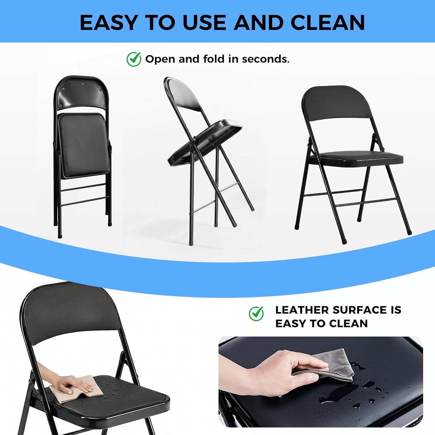 4 Pack Folding Chairs with Cushion, Comfortable PU Leather Padded Foldable Dining Chairs, Heavy Duty Steel Frame, Portable Chairs for Bedroom, Dining Room, Office, Patio, Indoor & Outdoor Use (black)