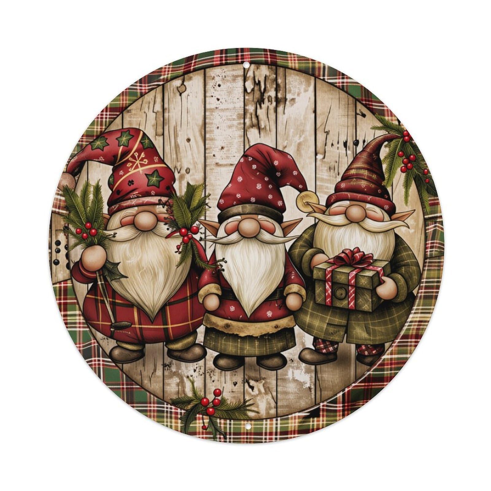 Christmas Gnomes Plaid Wood Background Round Tin Sign Retro Metal Sign for Cafe Bar Pub Home Game Room Gym Club Wall Decoration Vintage Metal Poster 8x8 Inch