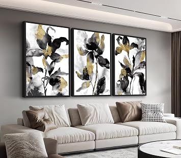 Large Framed Abstract Wall Art - Black and White Floral Wall Decor 16"x24" Set of 3 Watercolor Plant Botanical Canvas Prints Retro Flowers Pictures for Living Room Bedroom Office Artwork