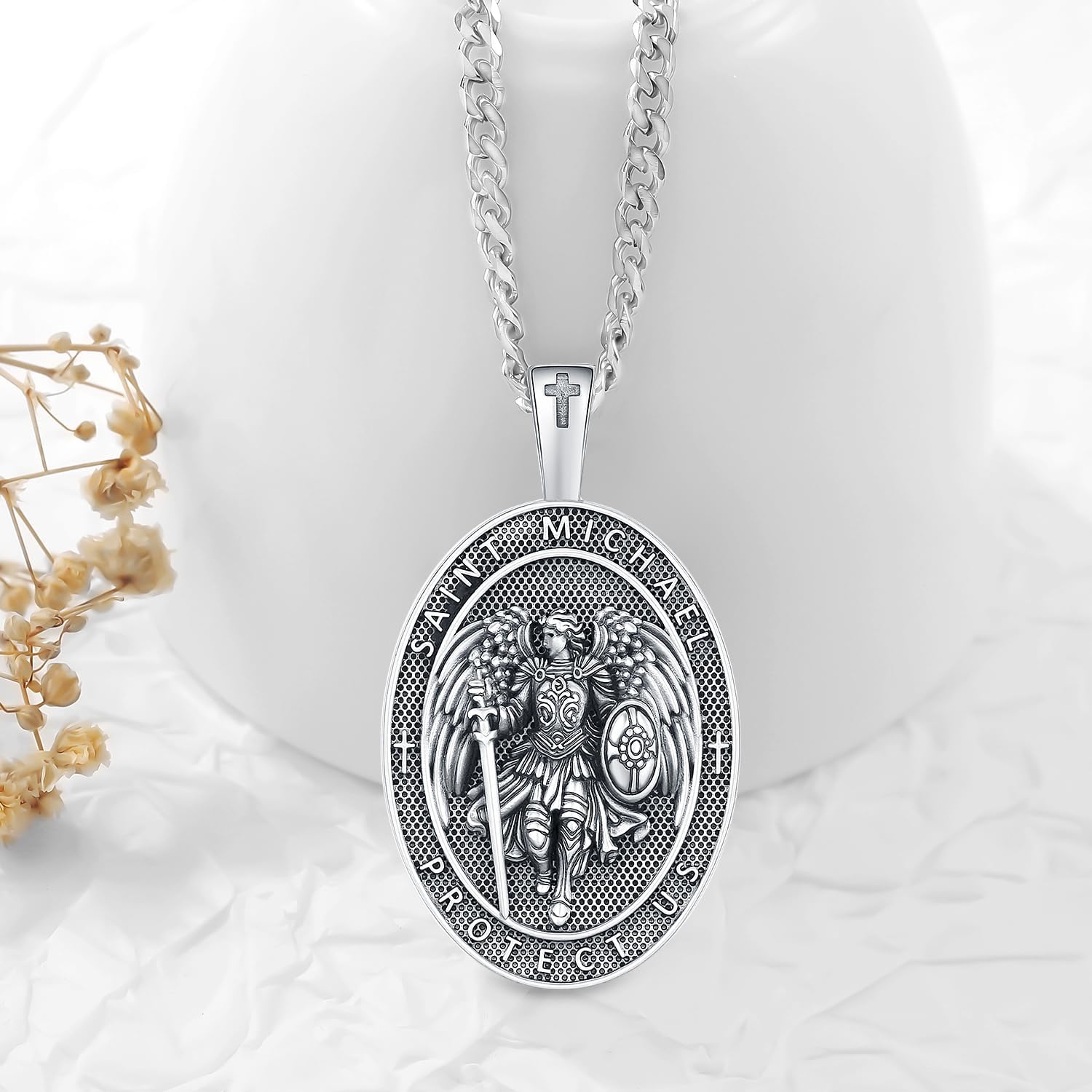 Friggem 925 Sterling Silver Saint Religious Necklace for Men Women St Michael/Christopher Necklace Pendant Medal Catholic Amulet Jewelry Gifts for Police Father Son,with Stainless Steel Chain - Image 3