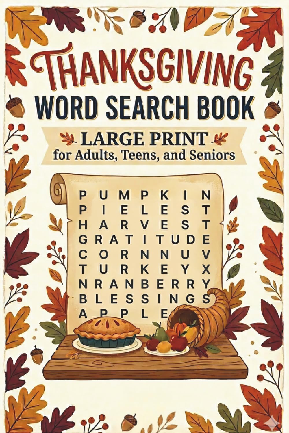 Thanksgiving Word Search Book – Large Print for Adults, Teens, and Seniors: 50+ Cozy Word Find Puzzles Featuring Harvest, Gratitude, Family, Food, Autumn, and Holiday-Themed Words