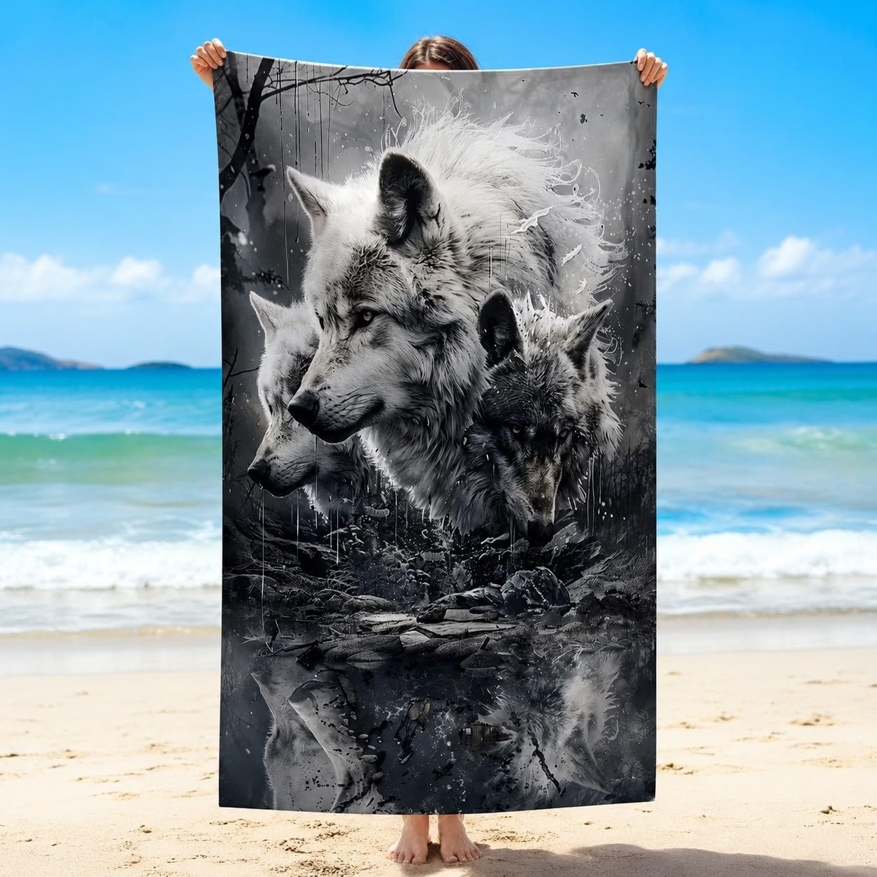 Telo Mare Microfibra Branco di Lupi Asciugatura Rapida | Asciugamano da Spiaggia Arte in Bianco e Nero, 145x200 cm, Assorbente, Accessori Mare, per Palestra Viaggio