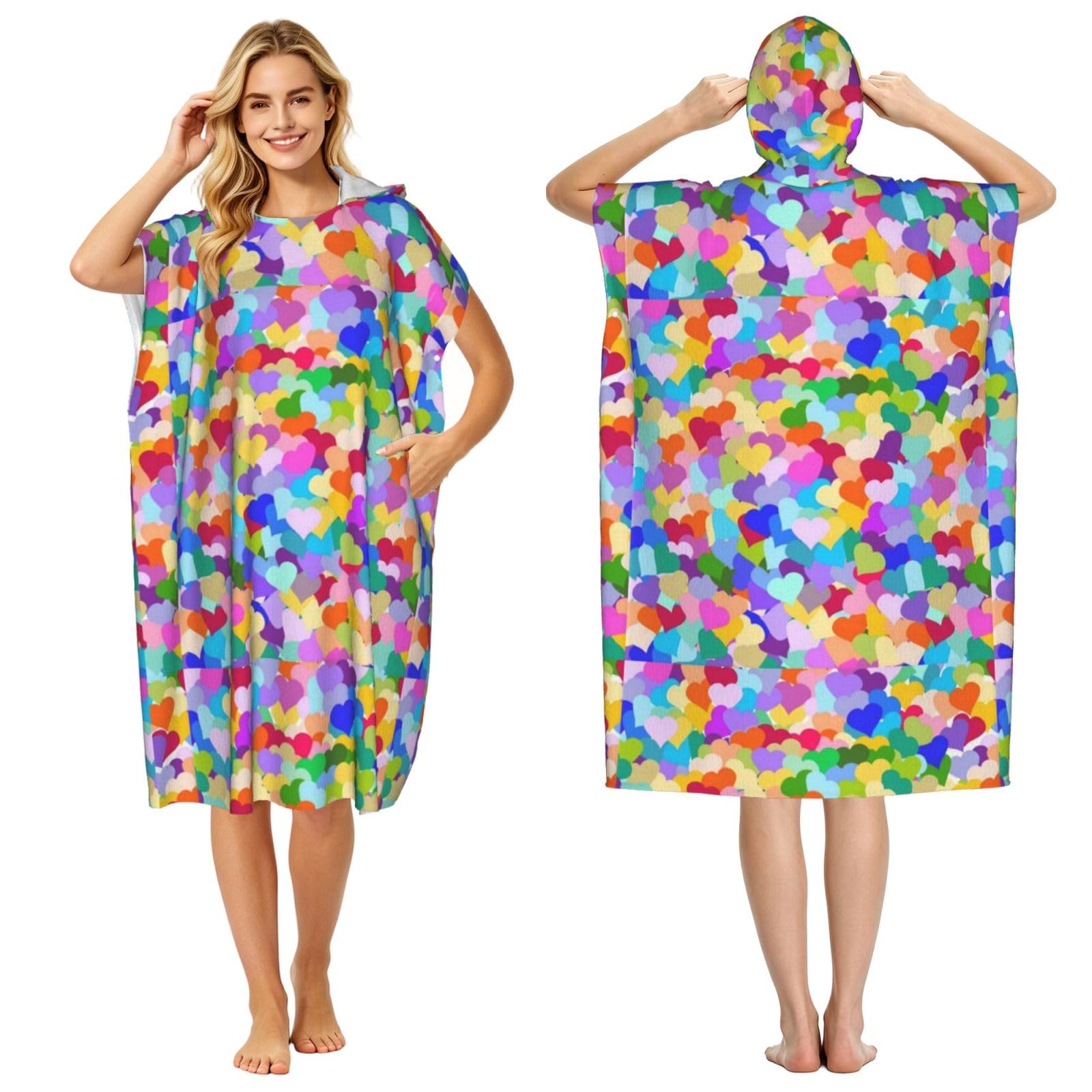Poadnly Rainbow Heart Confetti, Adult Hooded Beach Towel 90 x 110 cm,Changing Bath Robe, Surf Poncho Towel For Women Men