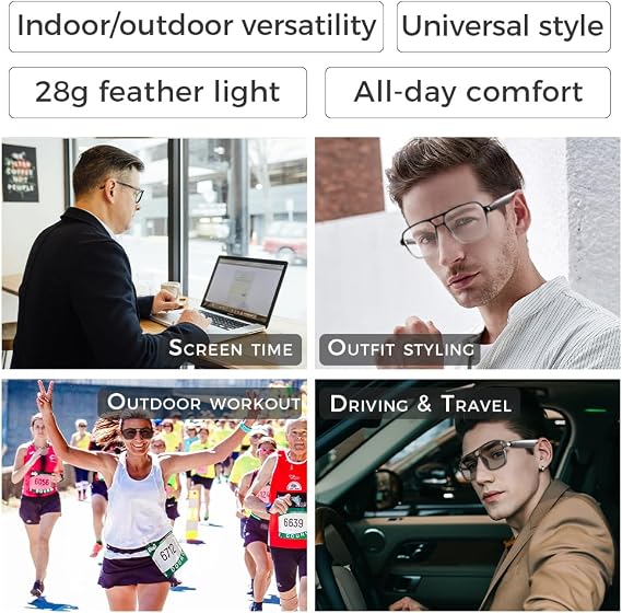 Jawploy Smart Glasses Bluetooth Audio Glasses Sunglasses Blue Light Glasses for Men Women Color-Change UV Protection Dual Mic