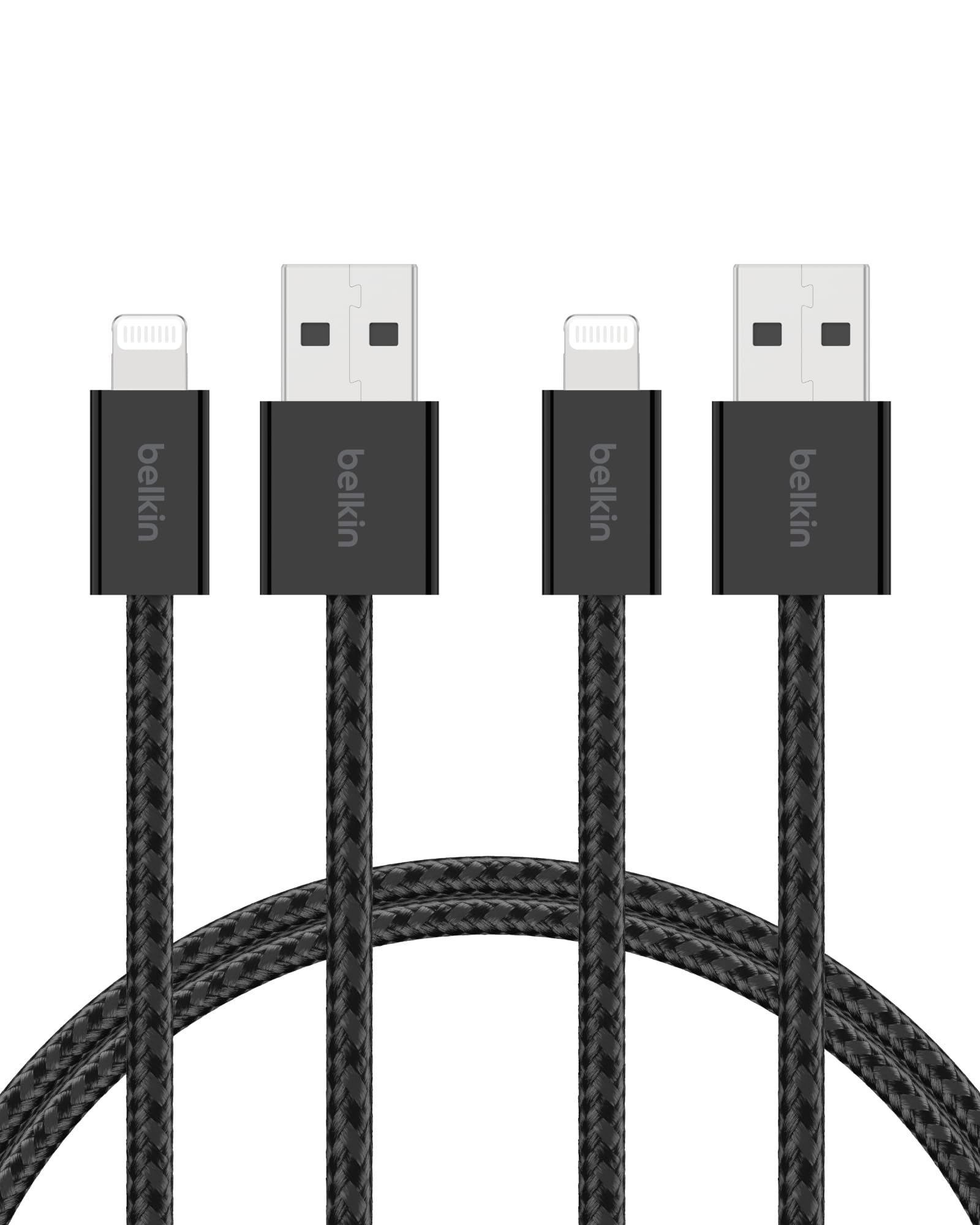 Belkin Confezione da 2 cavi intrecciati USB-A con connettore Lightning da 1,5 m, cavo flessibile per ricarica rapida, cavo Lightning per iPhone 14 e precedenti, iPad 9a gen. e AirPods, nero