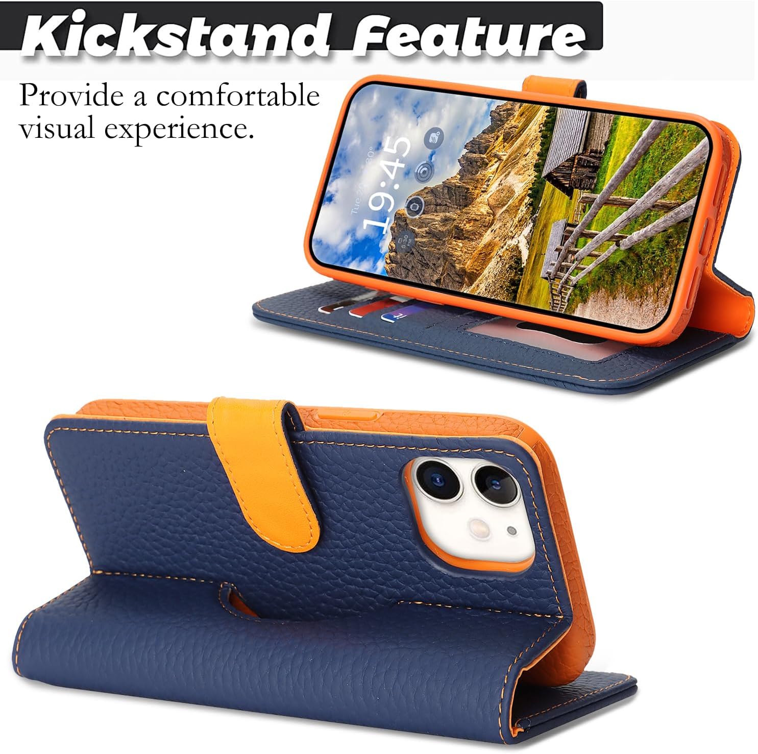 Detachable Genuine Leather Case for iPhone 12/12 Pro Wallet Case Magnetic 2in1 Removable Flip Cover Support Magsafe Charging Stand Function Card Holder Protective Cover-Navy Blue