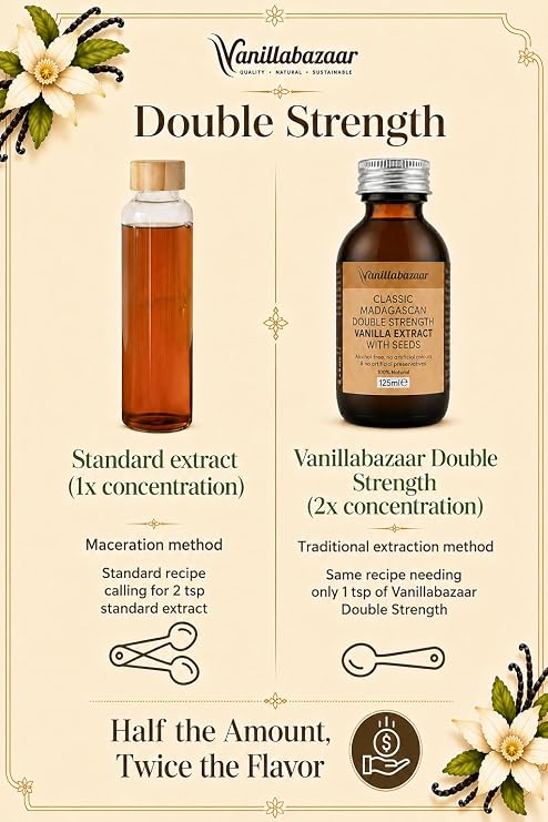 125ml Classic Madagascan Vanilla Extract Double Strength with Seeds - Natural, Kosher, Halal Certified, Vegan, Alcohol-Free - Baking Ingredients | Vanillabazaar