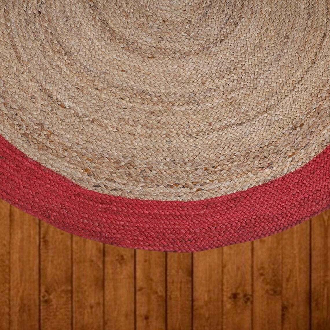 Tapis rond en jute naturel avec bordure colorée faite à la main - 90 x 90 cm - Beige + rouge