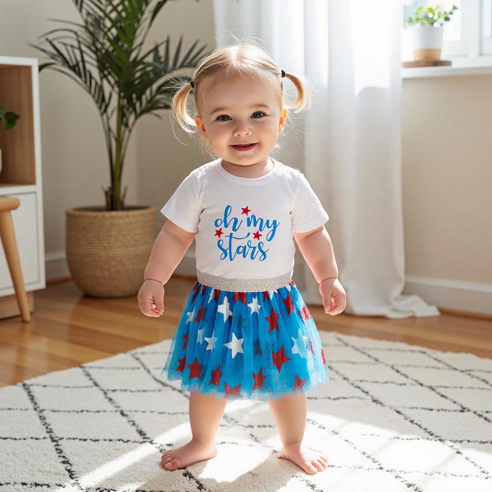 Toddler Baby Girl 4th of July Outfit Short Sleeve T-shirt Tops Star Print Tulle Skirt 2Pcs Independence Day Clothes (Star-White, 12-18 Months)
