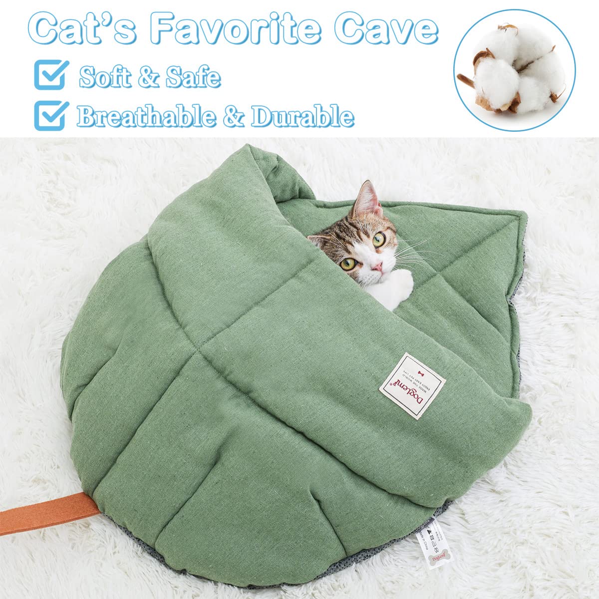 DINGC Sac de Couchage Chat en Forme de Feuilles Lit Douillet pour Chat et Petit Chien, Doux Grotte pour Chat Bonne Flexibilité, Nid de Chat Semi Fermé Épaisse en Coton et Lin (19"×23", Vert)