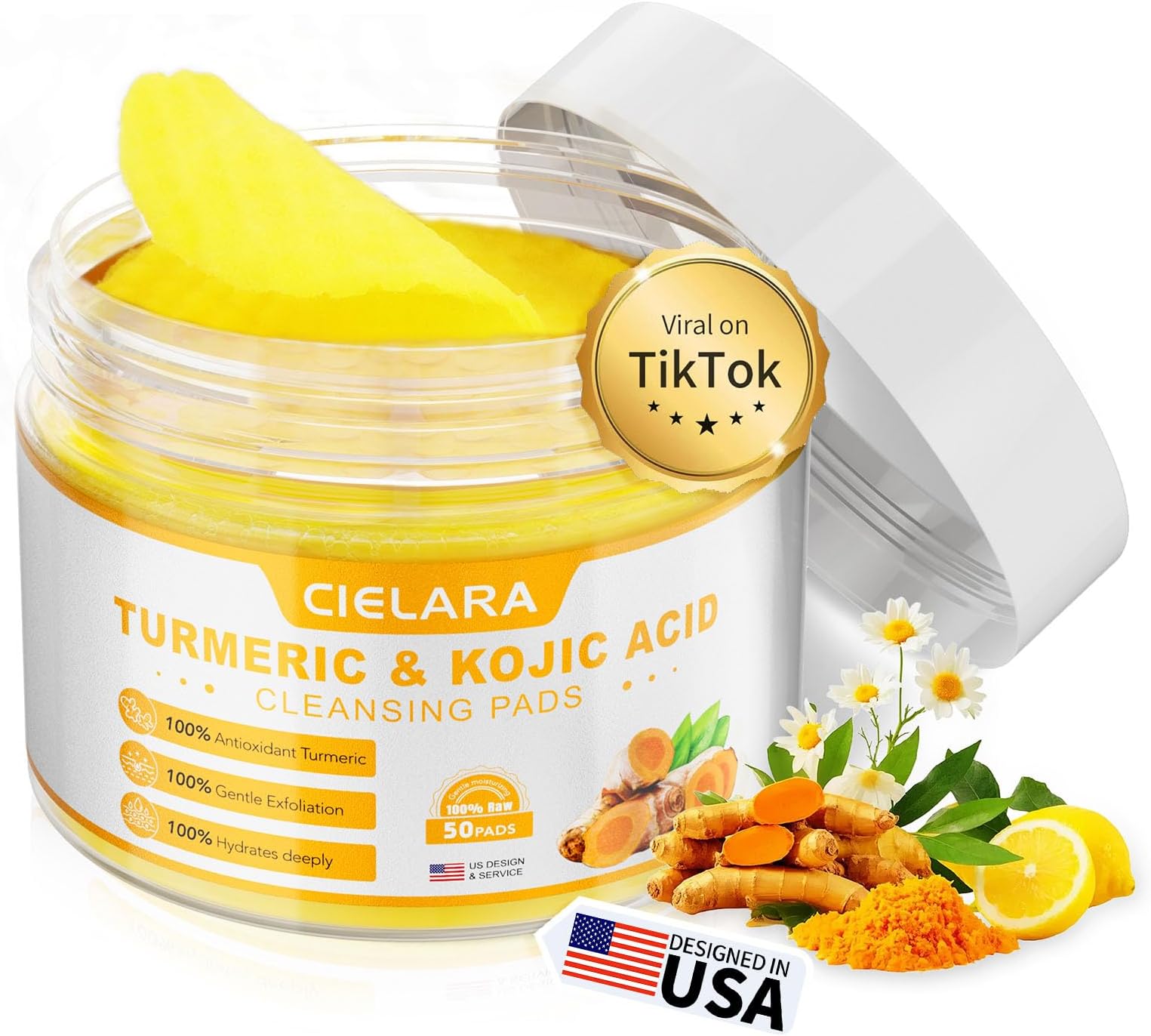 Turmeric Kojic Acid Cleansing Pads for Dark Spots Remover for Face, Lemon Turmeric Pads with Vitamin C & E, Deep Clean Pores, Hydrate & Plump Skin Exfoliating with Kojic Acid 50 Count