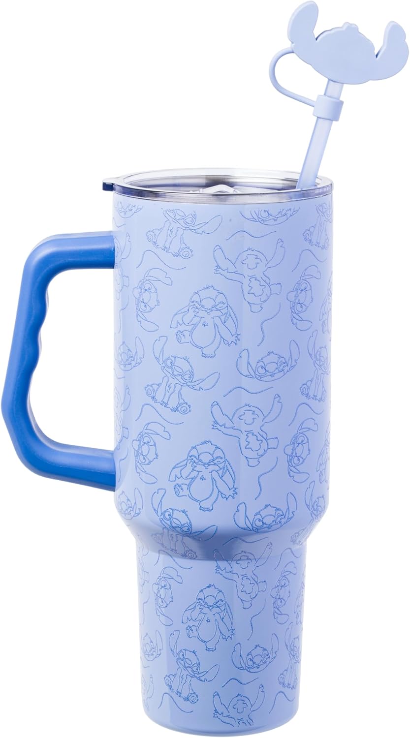 Silver Buffalo Disney Lilo and Stitch Poses Pattern Double Walled Stainless Steel Tumbler with Handle, Straw, and Straw Cap, Fits in Standard Cup Holder, 40 Ounces