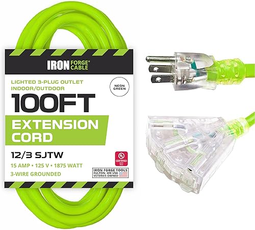 Miniatura 34 de Iron Forge Cable Cable de extensión de calibre 12 con múltiples tomas, cable de extensión negro resistente de 6 pies - SJTOW 12/3, cables de salida
