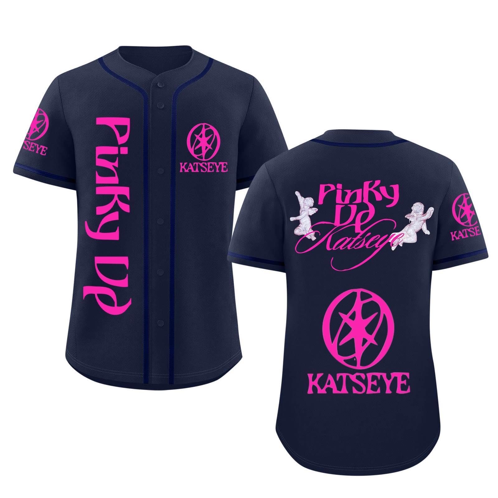 Katseye Tshirt Beautiful Chaos Album Pinky up Baseball Jersey Short Sleeve Button Down Casual Hip Hop Katseye Merch Baseball Jersey for Fans Men Women 01-Navy S