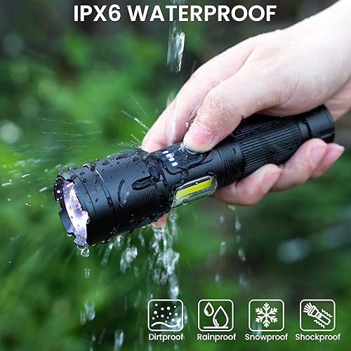 Miniatura 7 de Linterna recargable 99000 lúmenes altos, linterna LED súper brillante con 7 modos, resistente al agua y potente luz de flash para campamento, hogar,