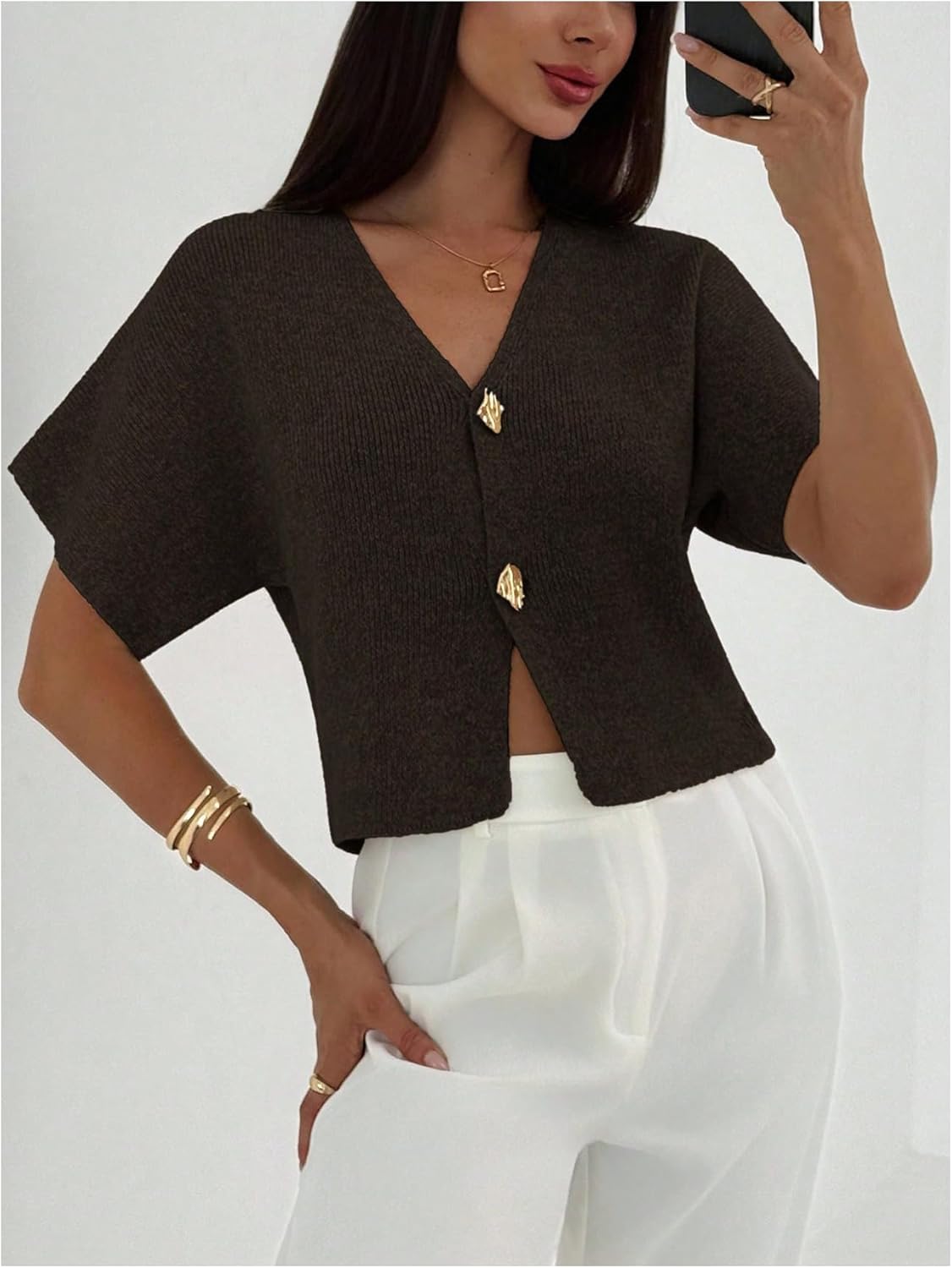 SOLY HUX Women's Short Sleeve Office Spring Winter Cardigan Sweater Button Down V Neck Slim Fit Elegant Knit Tops - Image 5