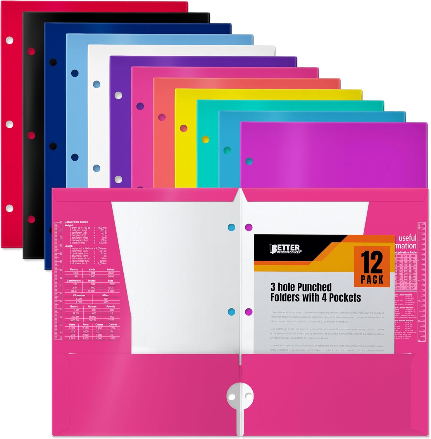 Better Office Products 4 Pocket Glossy Laminated Paper Folders (12 Pack), 3 Hole Punch Portfolios, Assorted Bright and Primary Colors,