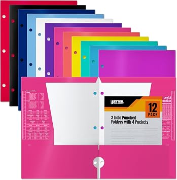 Better Office Products 4 Pocket Glossy Laminated Paper Folders 12 Pack, 3 Hole Punch Portfolios, Assorted Bright and Primary Colors,