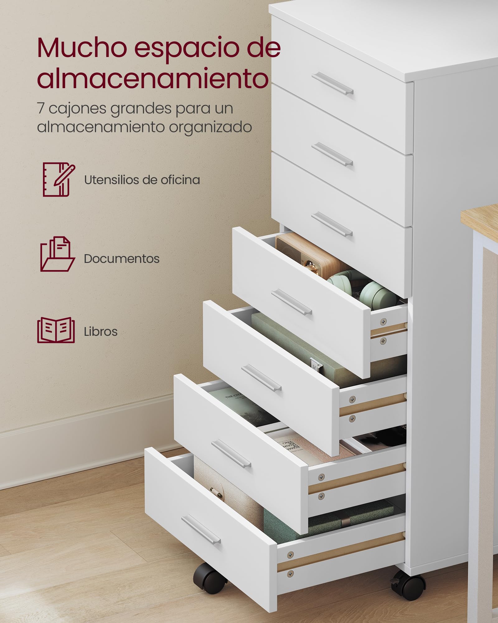 VASAGLE Custos Colección - Archivador Móvil, Armario Móvil de Archivos, Cajonera, Soporte para Impresora con 7 Cajones, con Guías Deslizantes sin Tornillos, para Oficina, Casa, Blanco Nube OFC085WB02
