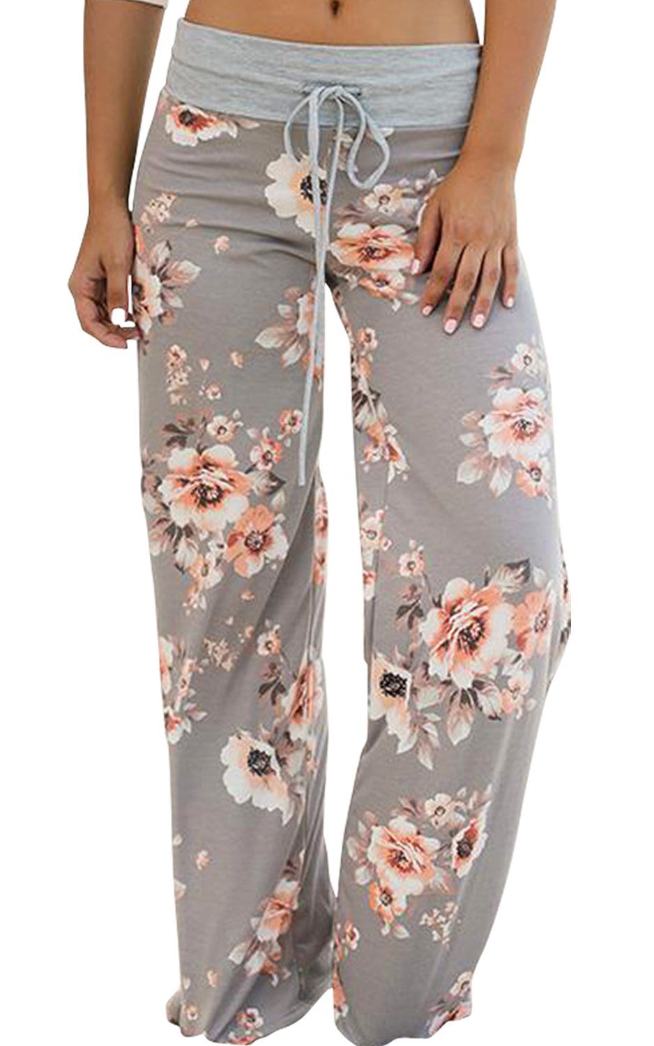 DATANE Women's Summer Casual Pajama Pants Floral Print Drawstring Palazzo Lounge Pants Wide Leg