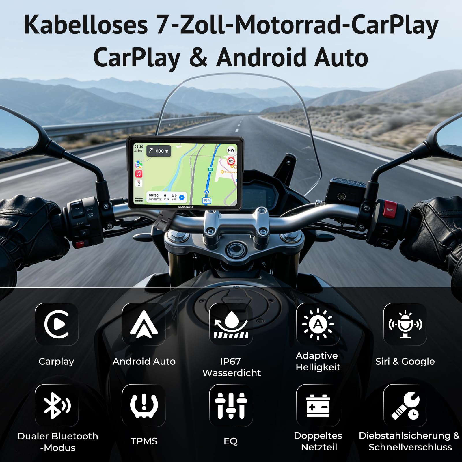 W722TPMS 7 Zoll Motorrad CarPlay Display mit TPMS & Android Auto | Motorrad Navi Display mit IP67 Wasserdichtes ,Dual Bluetooth, Sprachsteuerung, EQ，USB & ACC Anschluss für Motorrad Reisen