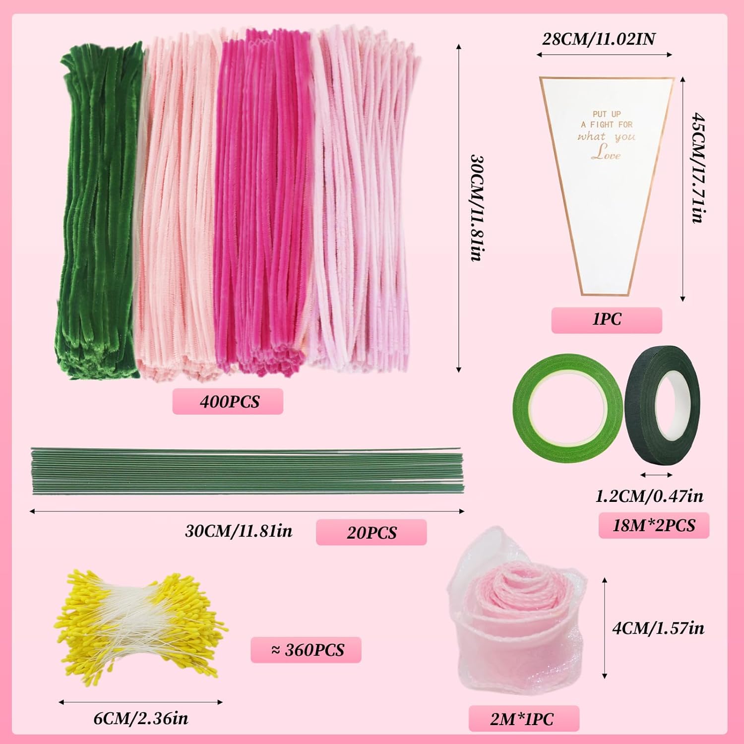 Pipe Cleaners for Crafts, 400 Pieces Pipe Cleaners Flower Set, 4 Colours Pink Green Pipe Cleaners for Crafts with Flower Wire, Flower Stamen, Flower Bag for Bouquet DIY Decor