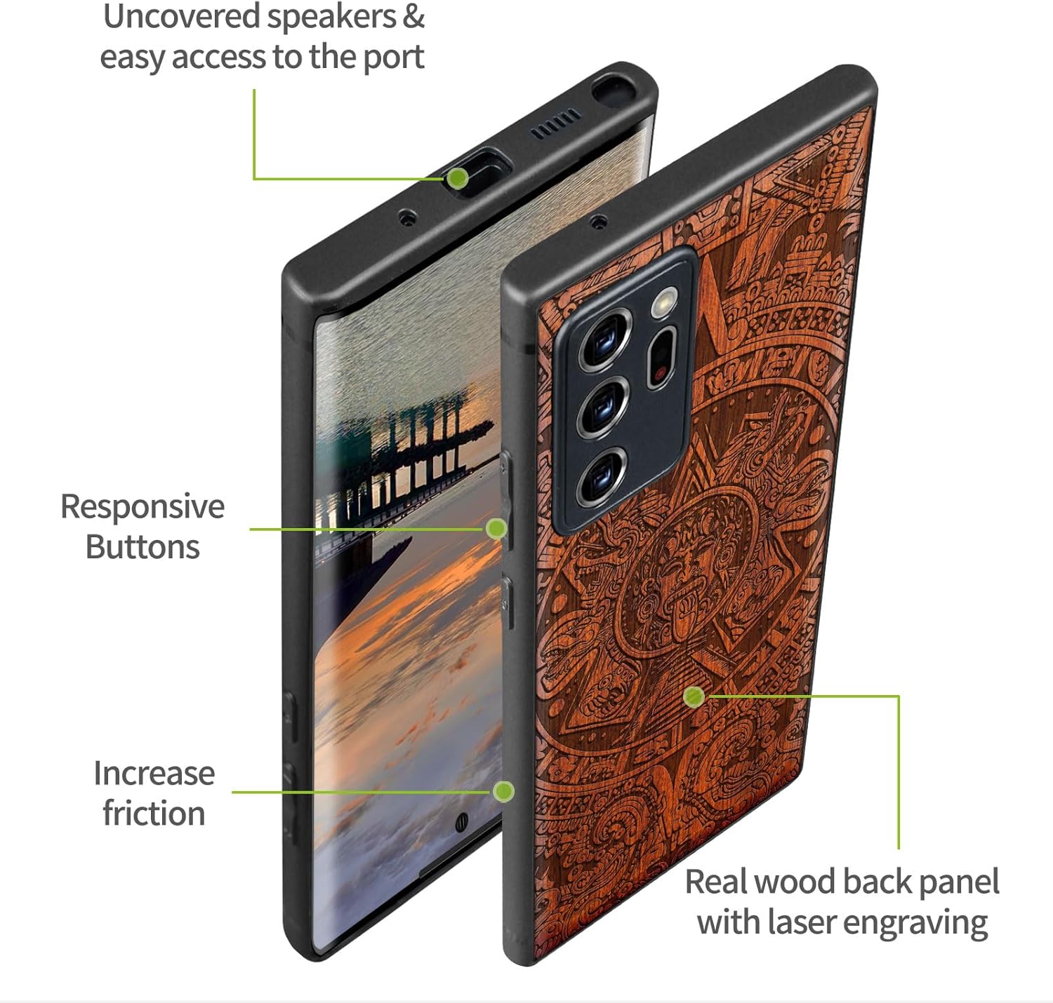 Carveit Wood Case for Galaxy Note20 Ultra Case [Natural Wood & Black Soft TPU] Protective Unique Wooden Cover Compatible with Samsung Note20 Ultra (Echoes of The Maya-Rosy)
