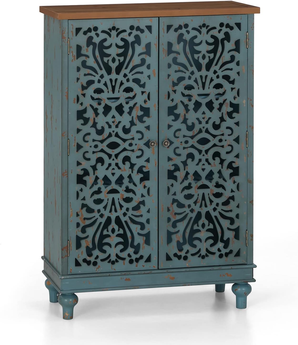 Sophia & William 47.4'' Accent Tall Cabinet with 2 Doors, 3-Tier Distressed Storage Cabinet with Wood Frame and Hollow-Carved Door for Entryway Living Room Bedroom, Blue : Tools & Home Improvement
