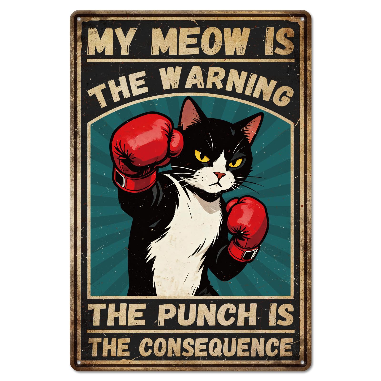 GLOBLELAND Boxing Black Cat Metal Tin Sign 8x12 inch "My Meow Is The Warning" Funny Vintage Painting Tin Signs Wall Poster Plaque for Living Room Kitchen Bedroom Garage Gym Bar Office
