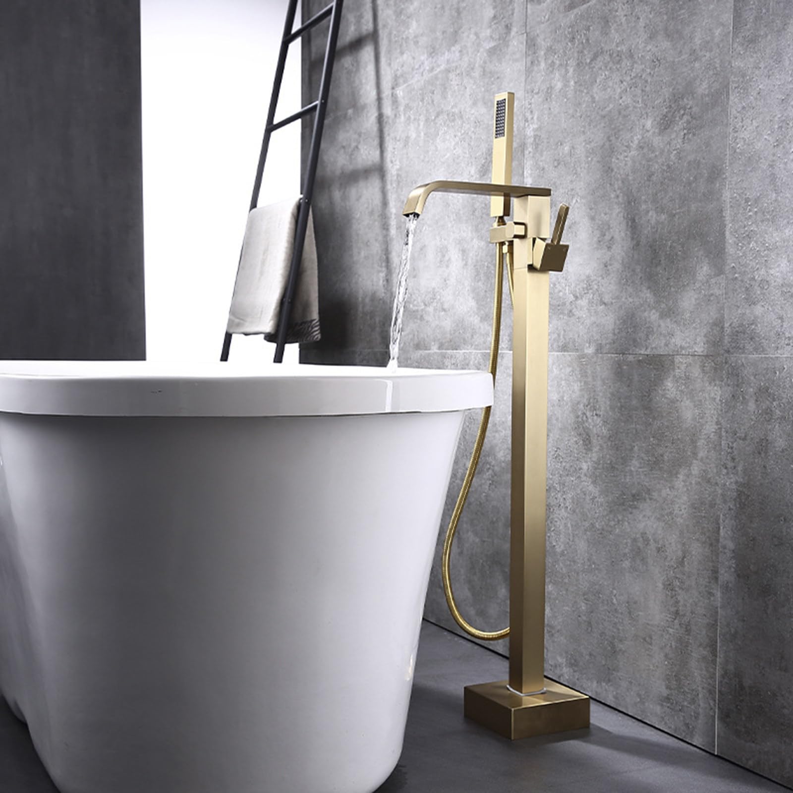 SWENEEN Modern Freestanding Bathtub Faucet Floor Mount Tub Filler Brass Single Handle With Handheld Shower For High Flow Bath Shower Experience,Brushed Gold