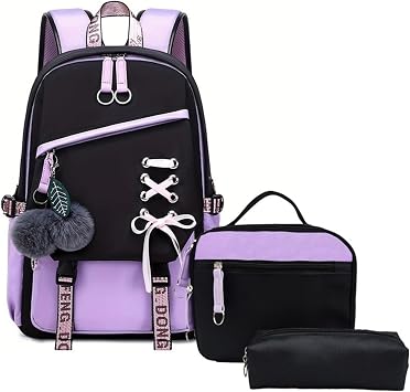 School Backpack for Girls Color-block School Bag with Lunch Box Pencil Case Set 3PCS Girls Backpack for School Kids Bookbag