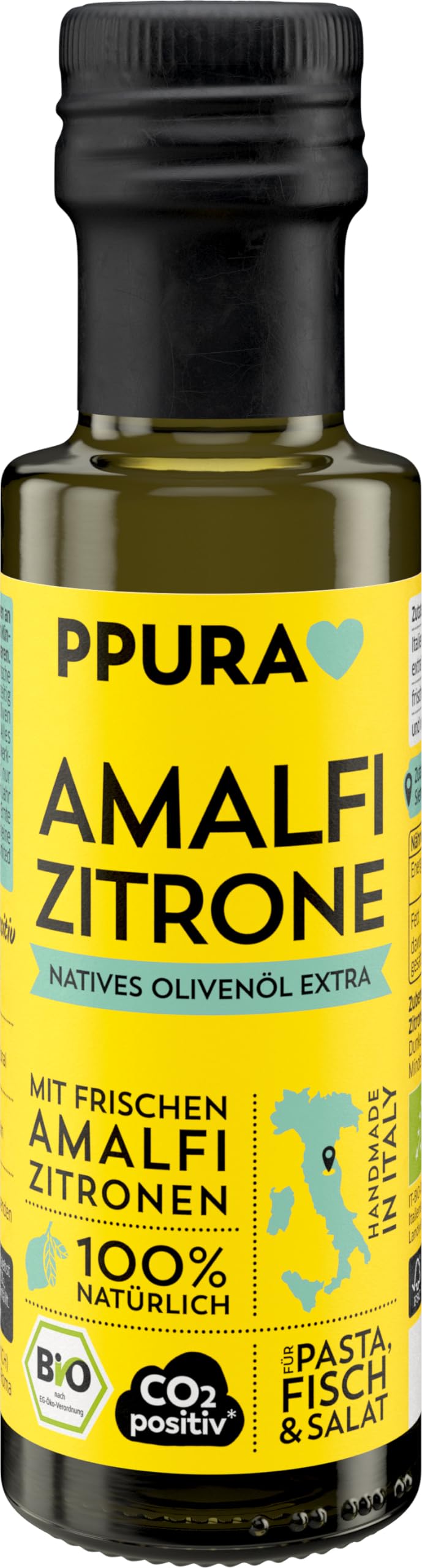 PPURA Bio Natives Olivenöl Extra Amalfi Zitrone | Italienisches Oliven Öl mit frischen Amalfi Zitronen | 100% Natürlich, Ohne Zusatzstoffe und Aromen | Kaltgepresst & Lichtgeschützt | 100ml