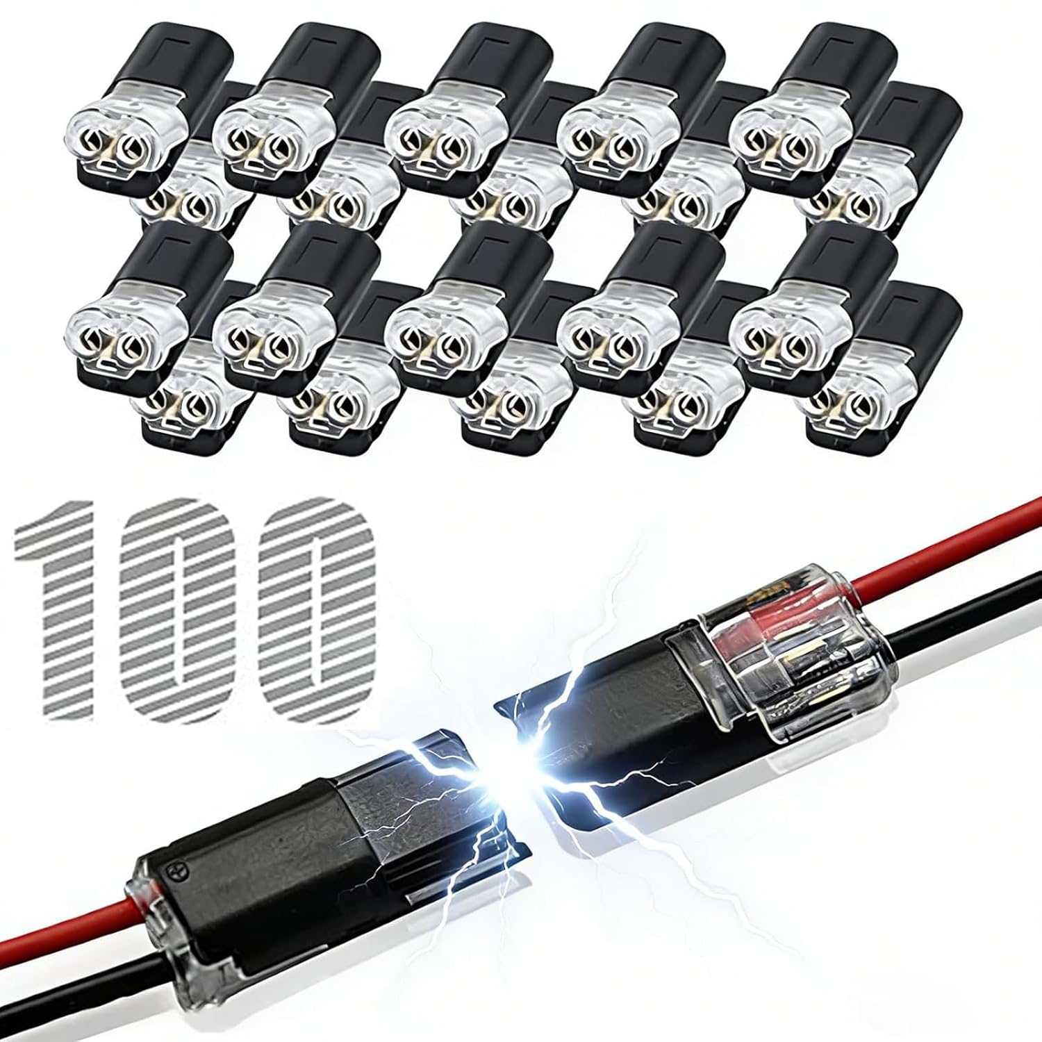 100pcs Double Wire Plug in Connector with Locking Buckle, Quick-Clip Fasteners Multi-Purpose Snap-On Blocks for Strip Lights DIY Crafting, Low-Voltage Decor & Model Kits 2 Pin